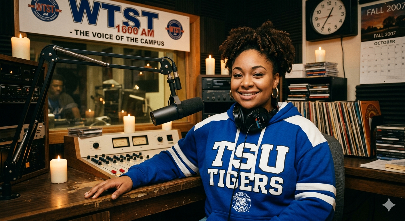 Imani hosts Dating Woes from the campus radio studio.