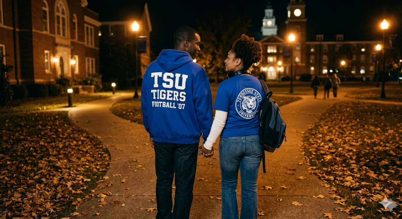 A TSU couple in Tigers gear walking hand in hand across campus on an autumn night.